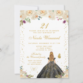 Invitación Cream Floral Blonde Hair Princess Birthday Party