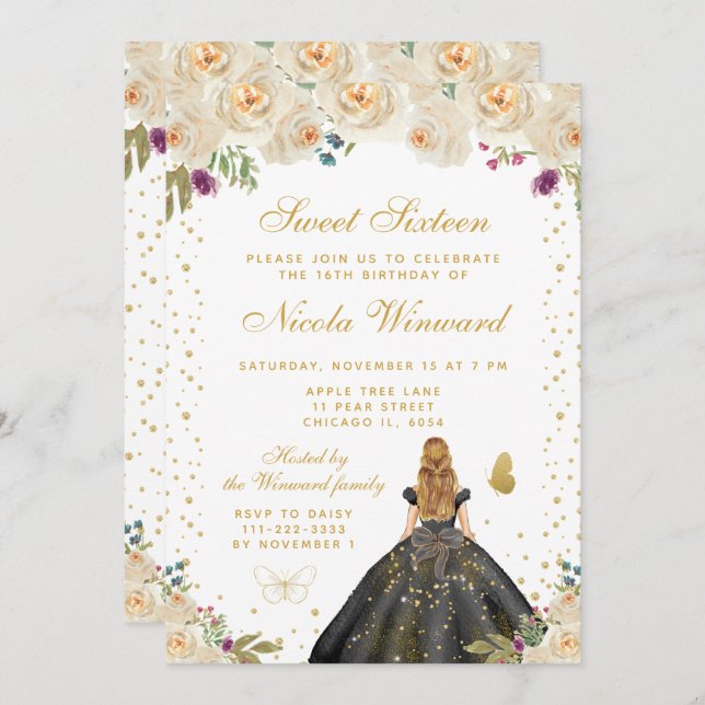 Invitación Cream Floral Blonde Hair Princess Sweet Sixteen (Anverso / Reverso)
