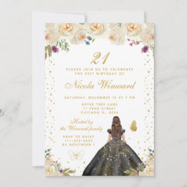 Invitación Cream Floral Brunette Hair Princess Birthday Party