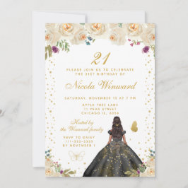 Invitación Cream Floral Dark Skin Princess Birthday Party