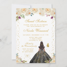 Invitación Cream Floral Dark Skin Princess Sweet Sixteen
