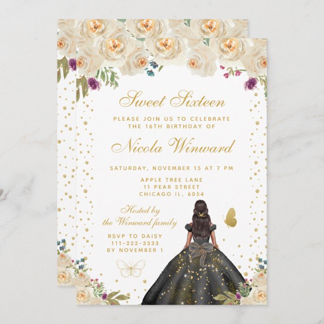 Invitación Cream Floral Dark Skin Princess Sweet Sixteen (Anverso / Reverso)