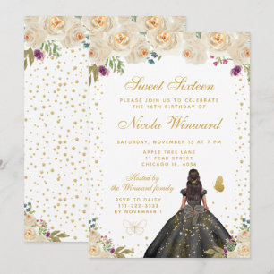 Invitación Cream Floral Princesa de Piel Oscura Cumple diecis