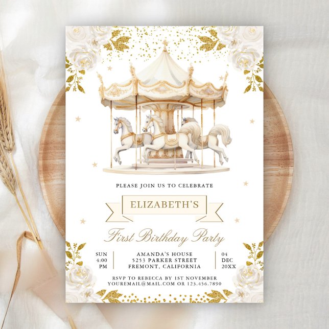 Invitación Cream Gold Floral Carrusel Primera fiesta de cumpl (Subido por el creador)
