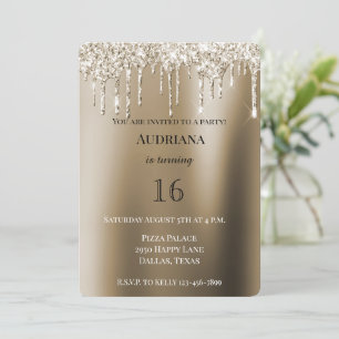 Invitación Cream Gold Glitz Purpurina Helado Perforaciones Cu