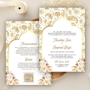 Invitación Cream Gold Paisley Floral QR Código Indio Boda