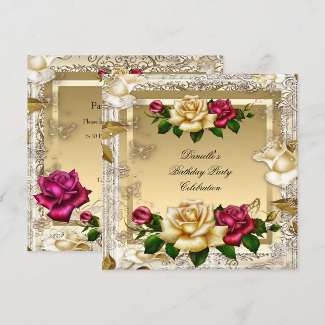Invitación Cream Gold Pink Red Roses Elegante Fiesta de Cumpl (Anverso / Reverso)