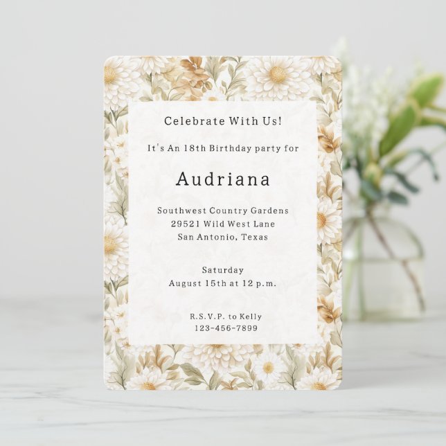 Invitación Cream Gold White Country Flowers (Anverso de pie)