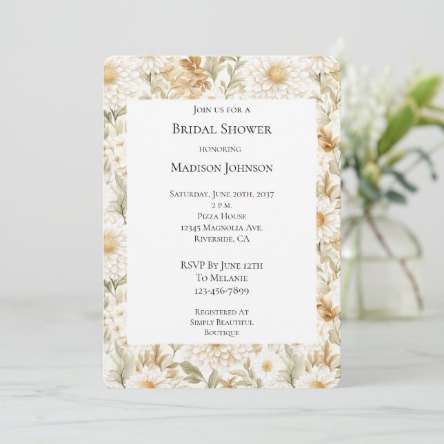 Invitación Cream Gold White Country Flowers Bridal Shower (Anverso de pie)