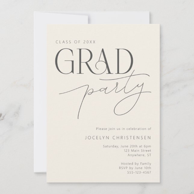 Invitación Cream Gray Modern Typography Grad Party Invitation (Anverso)