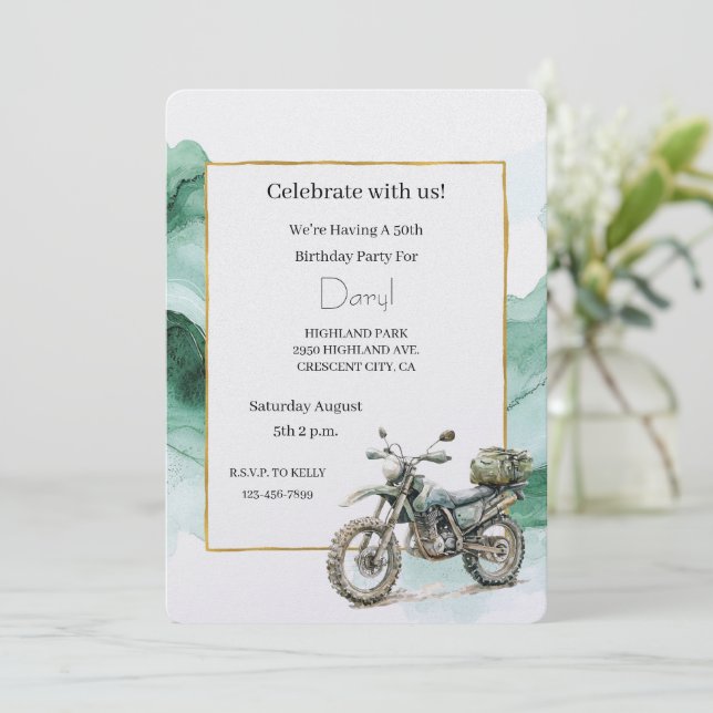 Invitación Cream Green Motorcycle Adventure Birthday (Anverso de pie)
