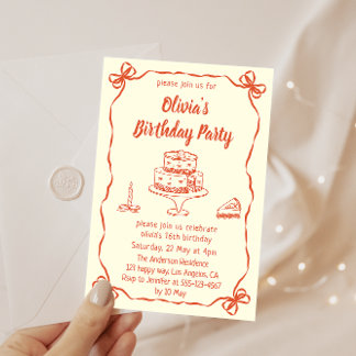 Invitación Cream Hand-Drawn Cake & Ribbon Border Birthday 