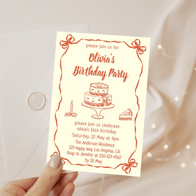 Invitación Cream Hand-Drawn Cake & Ribbon Border Birthday  (Subido por el creador)
