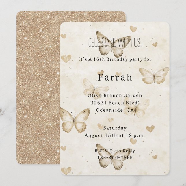 Invitación Cream Hearts Butterflies Gold Glitter Birthday   (Anverso / Reverso)