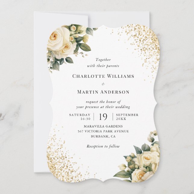 Invitación Cream Ivory Gold Confetti elegante Boda floral (Anverso)