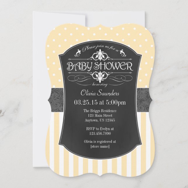 Invitación Cream Ivory Grey Chalkboard Stripes Baby Shower (Anverso)