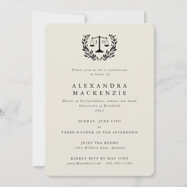 Invitación Cream JD Law Scales Laurel Wreath Graduation Invit (Anverso)