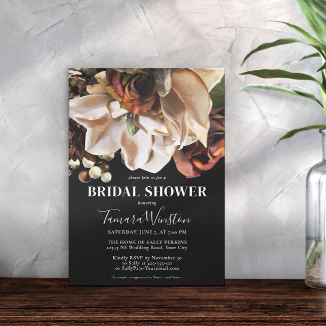 Invitación Cream Magnolias Rust Copper Flor Black Shower (Subido por el creador)