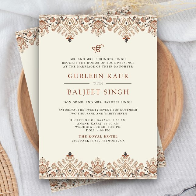 Invitación Cream marrón Ikat Anand Karaj Sikh Boda (Subido por el creador)