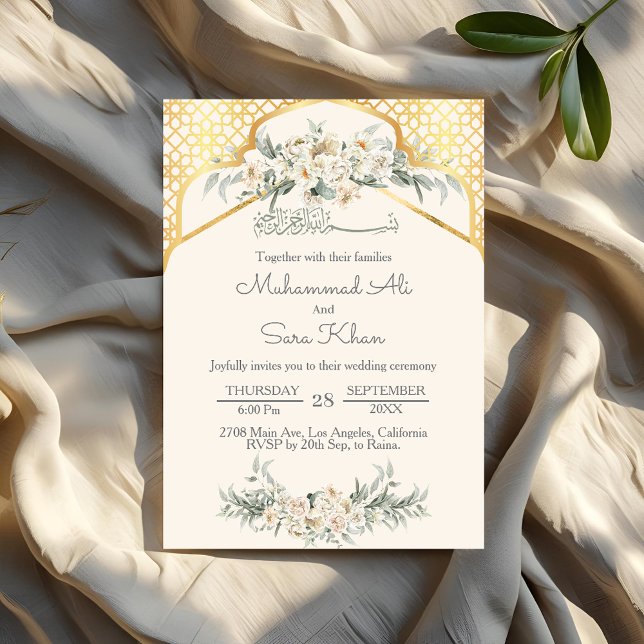 Invitación Cream Minimal Floral Gold Boda árabe musulmana (Subido por el creador)