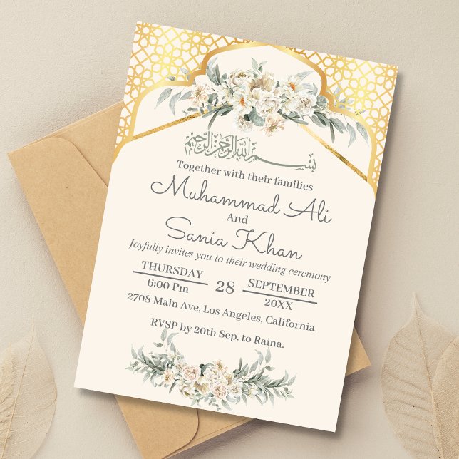 Invitación Cream Minimal Floral Gold Boda árabe musulmana (Subido por el creador)