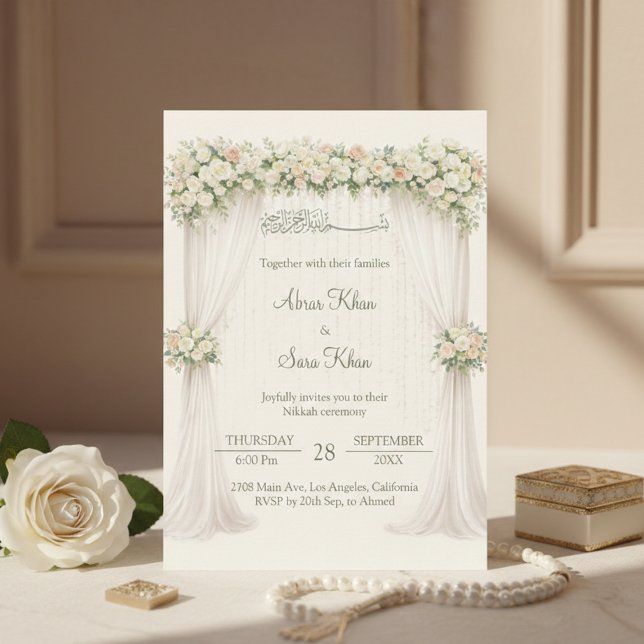 Invitación Cream Minimal Floral Muslim Nikkah Islamic Wedding (Subido por el creador)