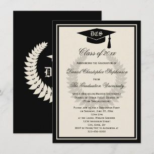 Invitación Cream Monograma Laurel Classic College Graduado