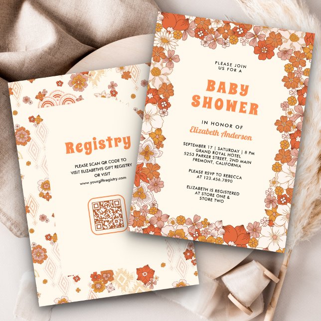 Invitación Cream Naranja Groovy Retro Wildflower Baby Shower (Subido por el creador)