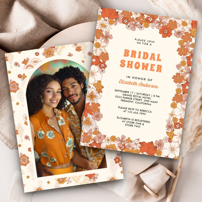 Invitación Cream Naranja Groovy Retro Wildflower Bridal Showe (Subido por el creador)