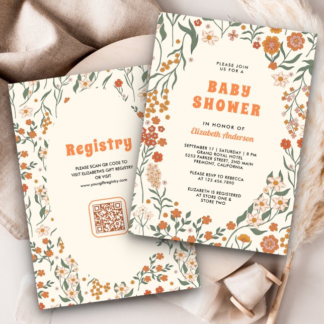 Invitación Cream Naranja Groovy Wildflower Baby Shower (Subido por el creador)
