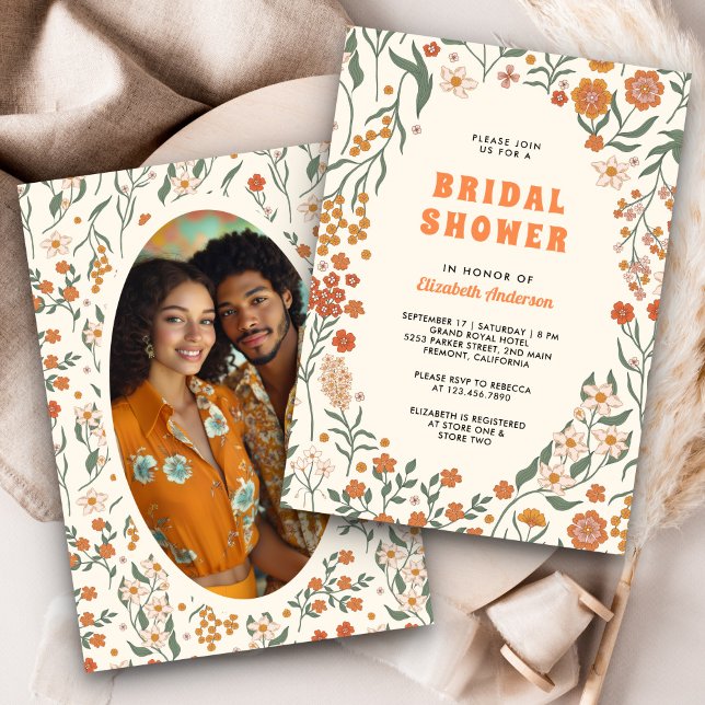 Invitación Cream Naranja Groovy Wildflower Bridal Shower (Subido por el creador)