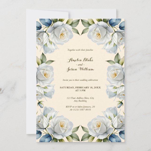 Invitación Cream Pastel White Rose Floral Border Boda (Anverso)