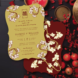 Invitación Cream Peach/Plum Blossoms Doble Happiness Boda