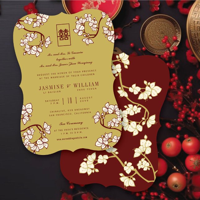 Invitación Cream Peach/Plum Blossoms Doble Happiness Boda (Cream Peach/Plum Blossoms Double Happiness Elegant Chinese Wedding Invitation @ fatfatin_red_knot)