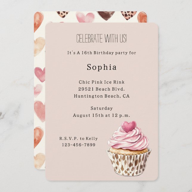 Invitación Cream Pink Heart Cupcake Leopard Birthday (Anverso / Reverso)