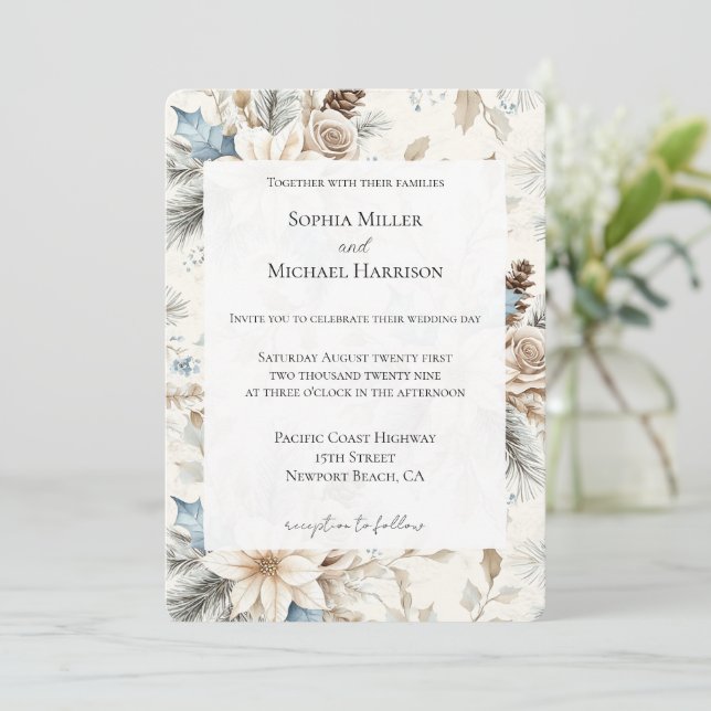 Invitación Cream Poinsettia Blue Floral Boda (Anverso de pie)