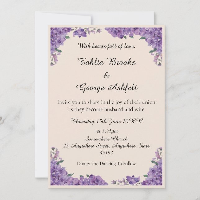 Invitación Cream & Purple Jacaranda Flowers Wedding  (Anverso)