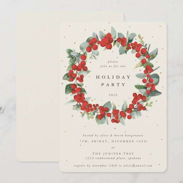 Invitación Cream Red Berries + Eucalyptus Wreath Holiday Part (Anverso / Reverso)