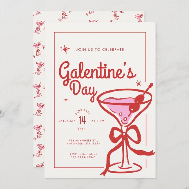 Invitación Cream Red Bow Cocktail Galentine’s Day (Anverso / Reverso)