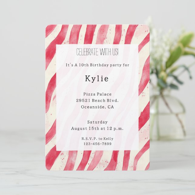 Invitación Cream Red Candy Cane Stripes Birthday   (Anverso de pie)