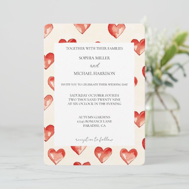 Invitación Cream Red Hearts Love Boda (Anverso de pie)