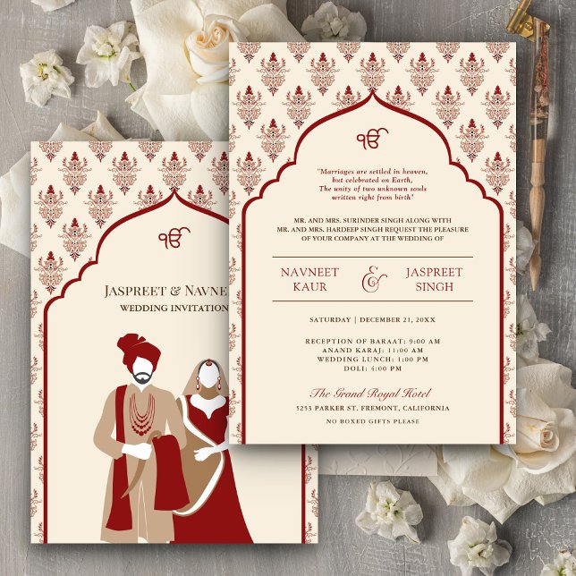 Invitación Cream Red Punjabi Anand Karaj Sikh Boda (Subido por el creador)