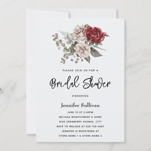 Invitación Cream & Red Rose Boho Floral Bouquet Briquet Showe (Anverso)