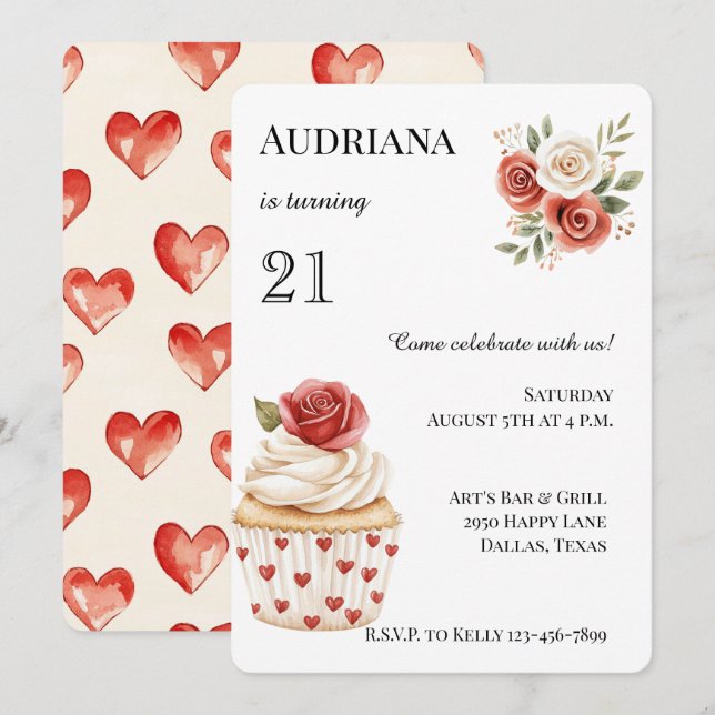 Invitación Cream Red Rose Cupakes Hearts Floral Birthday (Anverso / Reverso)