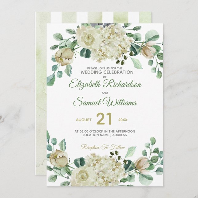 Invitación Cream Rosa Bud Hydrangea Watercolor Classic (Anverso / Reverso)