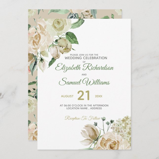 Invitación Cream Rosa Bud Hydrangea Watercolor Classic (Anverso / Reverso)
