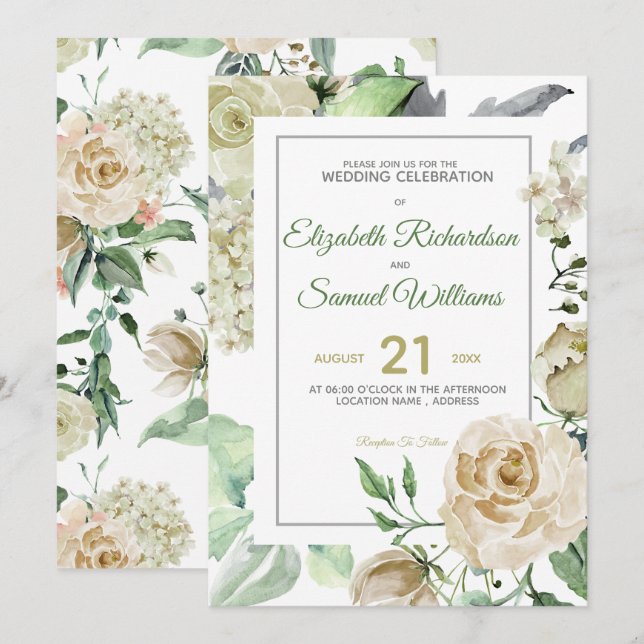 Invitación Cream Rosa Bud Hydrangea Watercolor Classic (Anverso / Reverso)