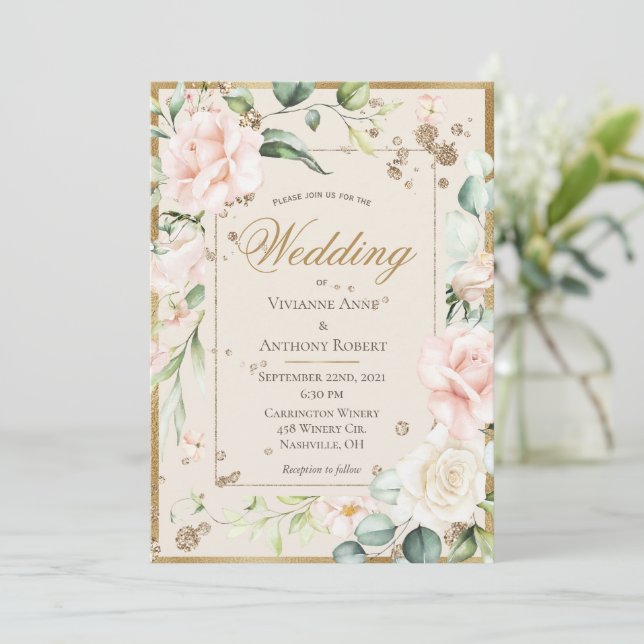 Invitación Cream Rubor Floral Watercolor Romántico Boda (Anverso de pie)