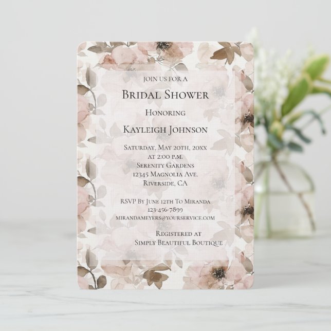 Invitación Cream Rubor Pink Floral Bridal Shower (Anverso de pie)