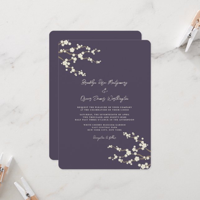 Invitación Cream Sakura cerezo florece Boda asiático morado (Anverso/Reverso In Situ)